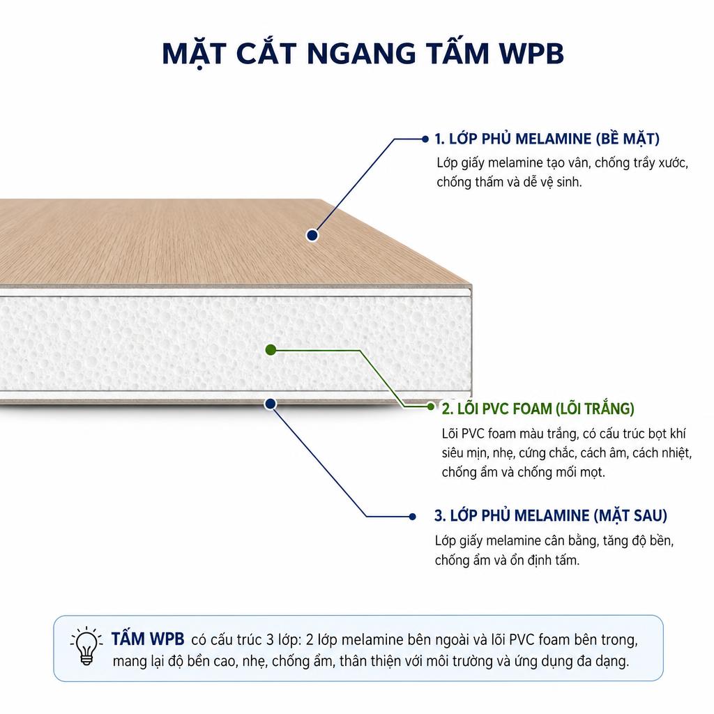 Mặt cắt ngang tấm WPB thể hiện lõi PVC foam màu trắng và lớp phủ melamine bên ngoài, chú thích từng lớp