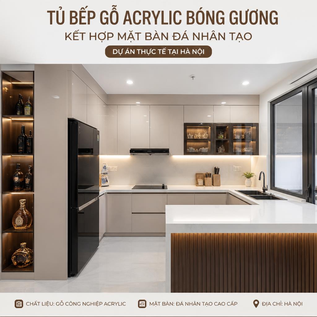 Mẫu tủ bếp gỗ Acrylic bóng gương kết hợp mặt bàn đá nhân tạo, dự án thực tế tại Hà Nội