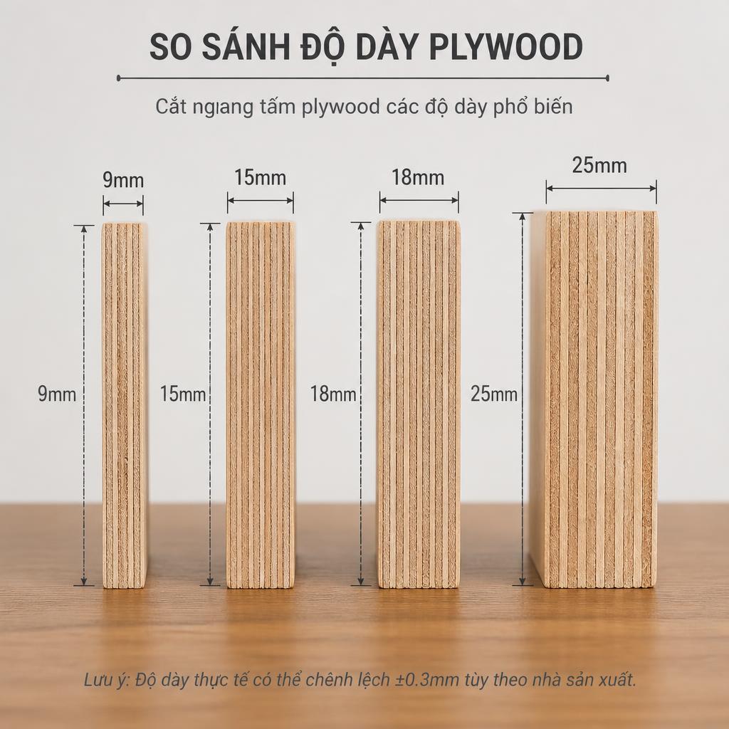 Minh họa cắt ngang tấm plywood các độ dày 9mm, 15mm, 18mm, 25mm đặt cạnh nhau để so sánh trực quan