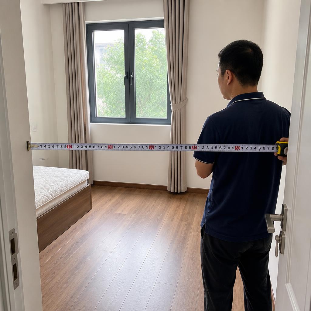 Người đang dùng thước dây đo chiều rộng phòng ngủ, ánh sáng tự nhiên, thấy rõ số đo trên thước