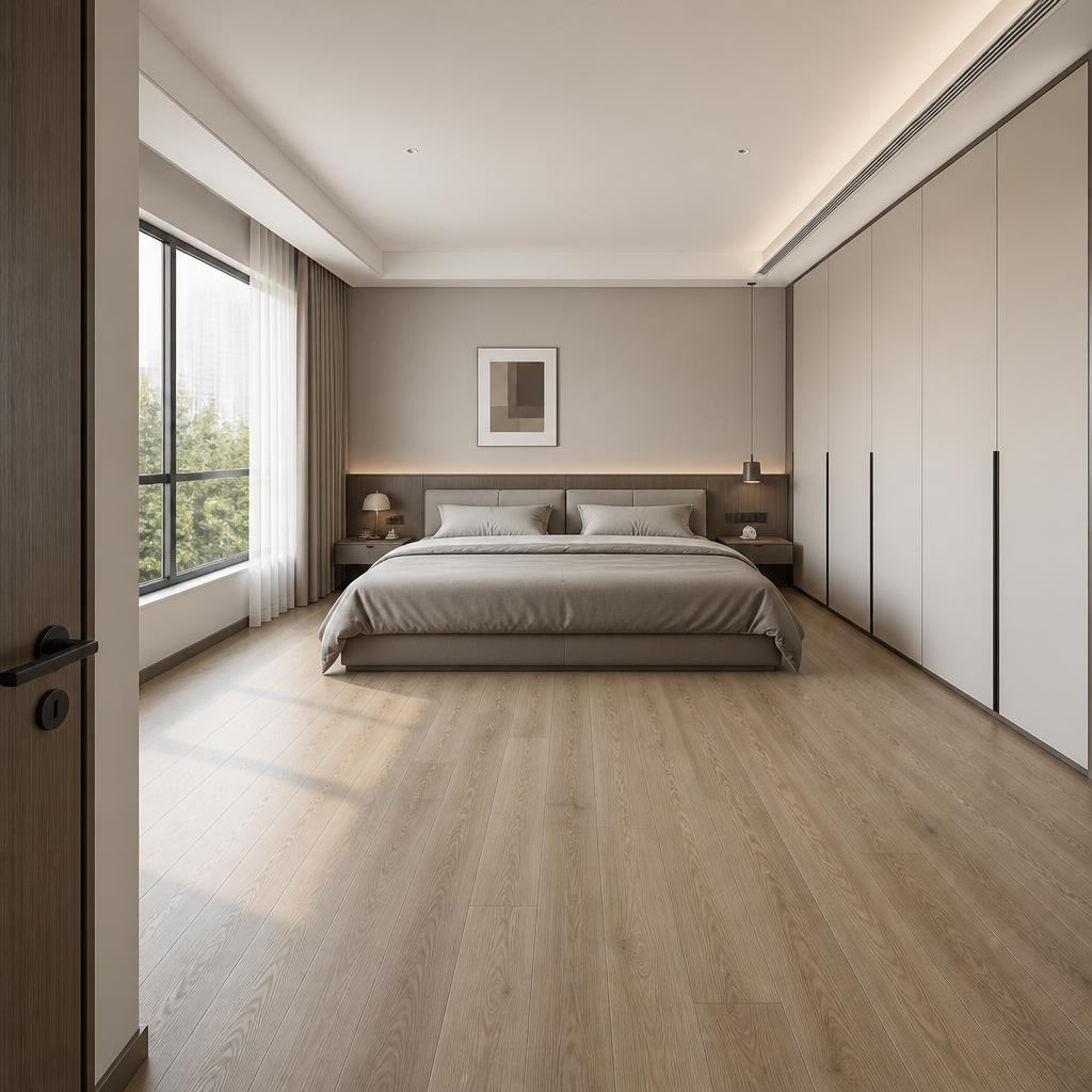 Phòng ngủ 25m² nhìn từ cửa vào, giường 3m4 kê sát tường đầu, tủ quần áo âm tường bên phải, khoảng trống bên trái đủ rộng, ánh sáng tự nhiên ban ngày