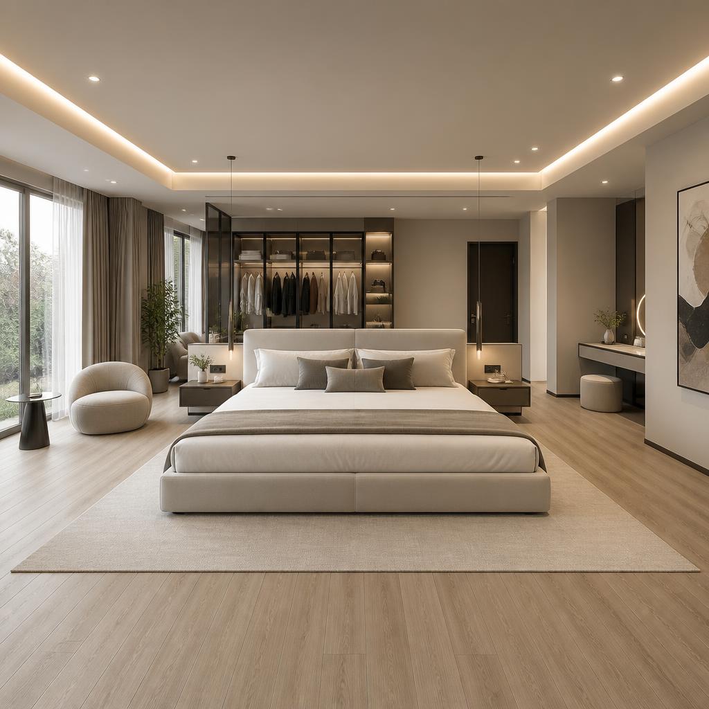 Phòng ngủ 30m² layout mở, giường 3m4 đặt giữa phòng, 2 đầu giường có kệ đầu giường nhỏ, lối đi rộng 3 phía, phong cách hiện đại