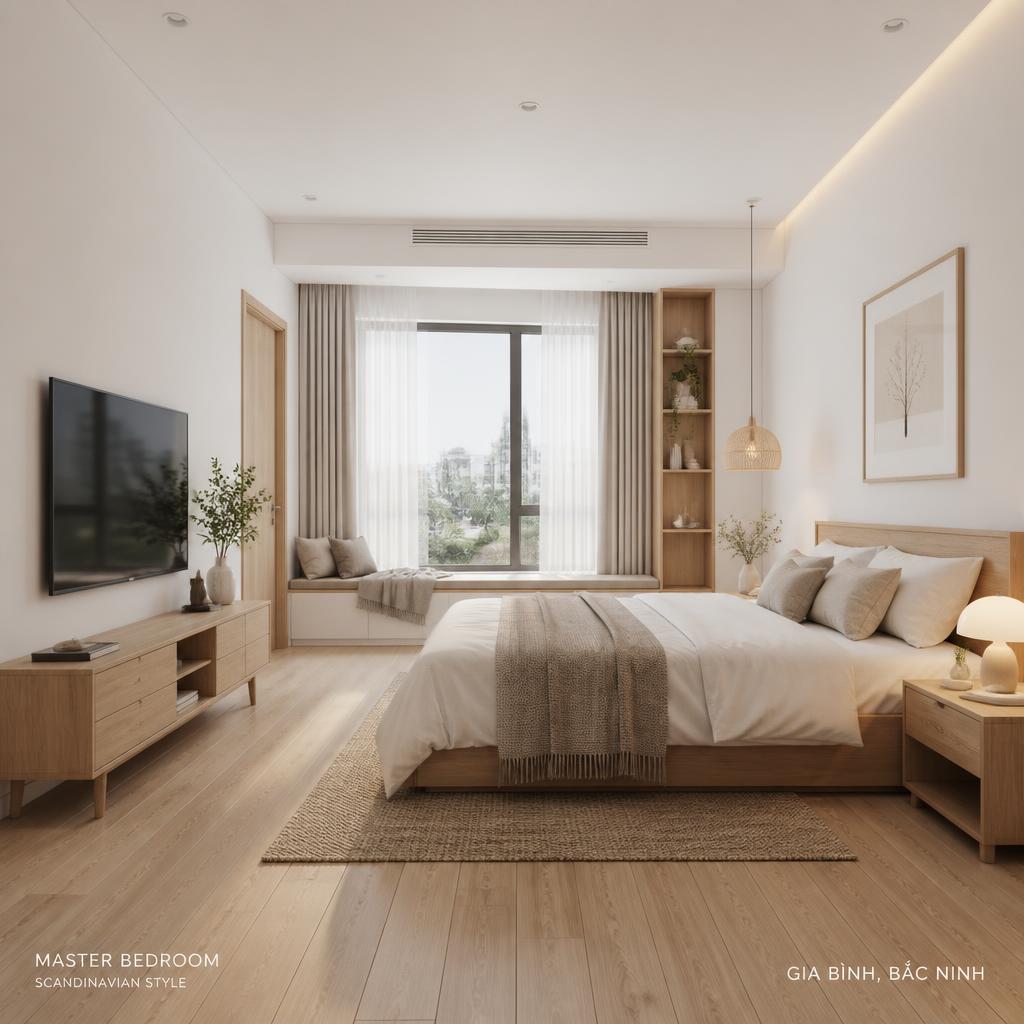 Phòng ngủ master bedroom hoàn thiện phong cách Scandinavian tại công trình Gia Bình, Bắc Ninh