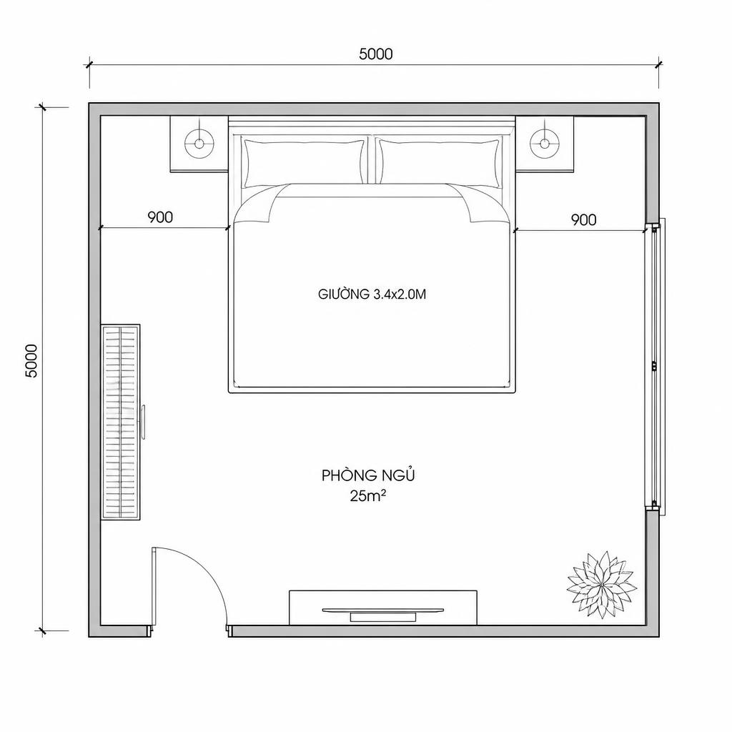 Sơ đồ mặt bằng phòng ngủ 25m² với chiếc giường 3m4 kê sát tường, còn đủ lối đi hai bên, nhìn từ góc kỹ thuật/blueprint, nền trắng sạch