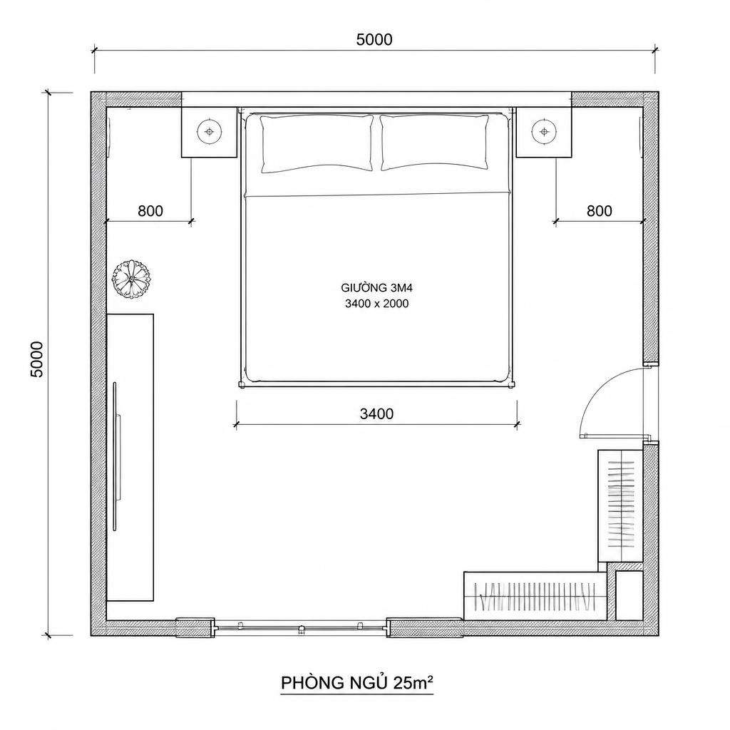 Sơ đồ mặt bằng phòng ngủ 25m² với chiếc giường 3m4 kê sát tường, còn đủ lối đi hai bên, nhìn từ góc kỹ thuật/blueprint, nền trắng sạch
