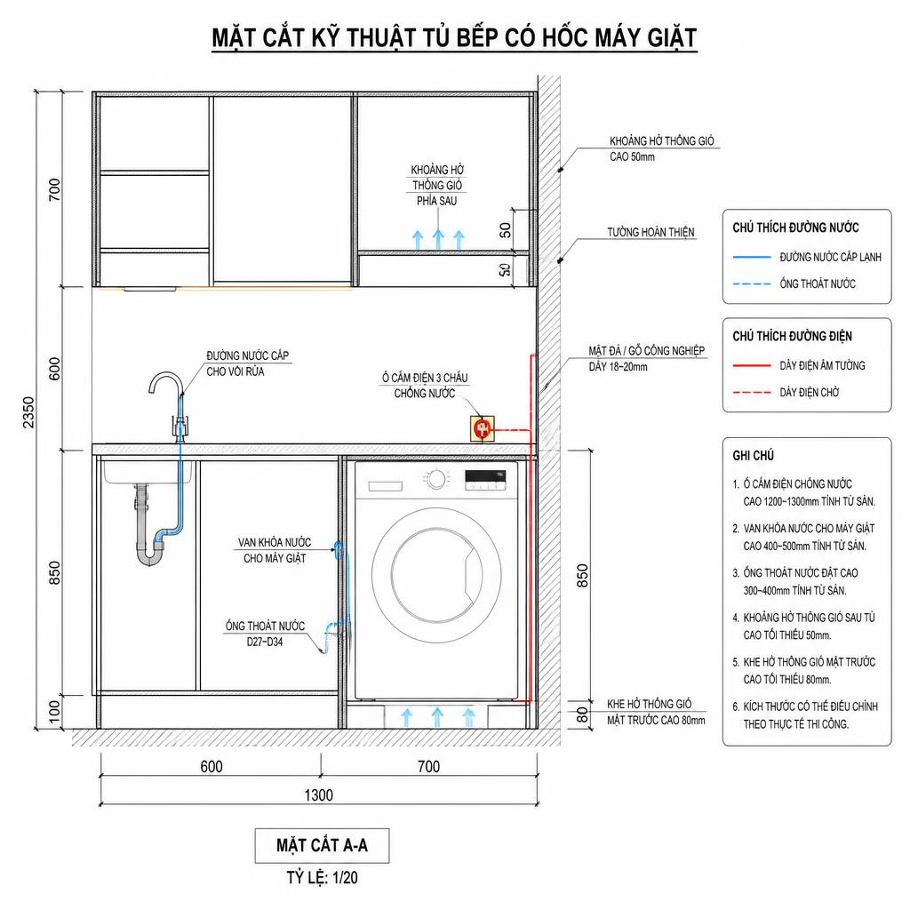 Sơ đồ mặt cắt kỹ thuật tủ bếp có hốc máy giặt, vẽ kỹ thuật nền trắng, thể hiện đường nước, đường điện, khoảng hở thông gió, nhãn chú thích rõ ràng bằng tiếng Việt