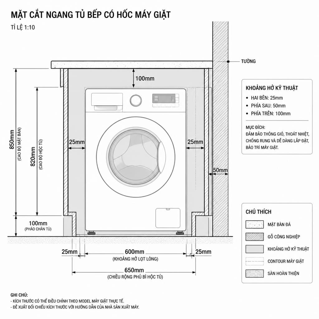 Sơ đồ mặt cắt ngang tủ bếp có hốc máy giặt, thấy rõ khoảng hở 25mm hai bên, 50mm phía sau, 100mm phía trên, chú thích kích thước rõ ràng, phong cách architectural drawing