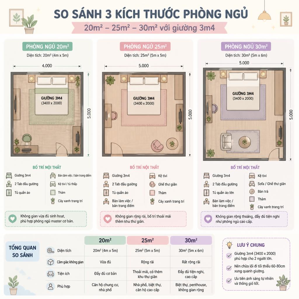 Sơ đồ so sánh 3 kích thước phòng ngủ 20m², 25m², 30m² với giường 3m4 và các nội thất kèm theo, dạng infographic màu pastel