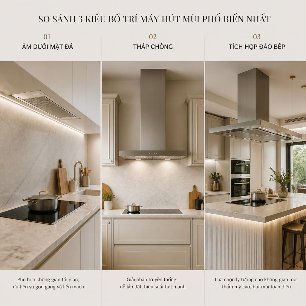 So sánh 3 kiểu bố trí phổ biến nhất: âm dưới mặt đá, tháp chồng, và tích hợp đảo bếp, chụp ba không gian thực tế xếp cạnh nhau, ánh sáng đồng đều, phong cách editorial