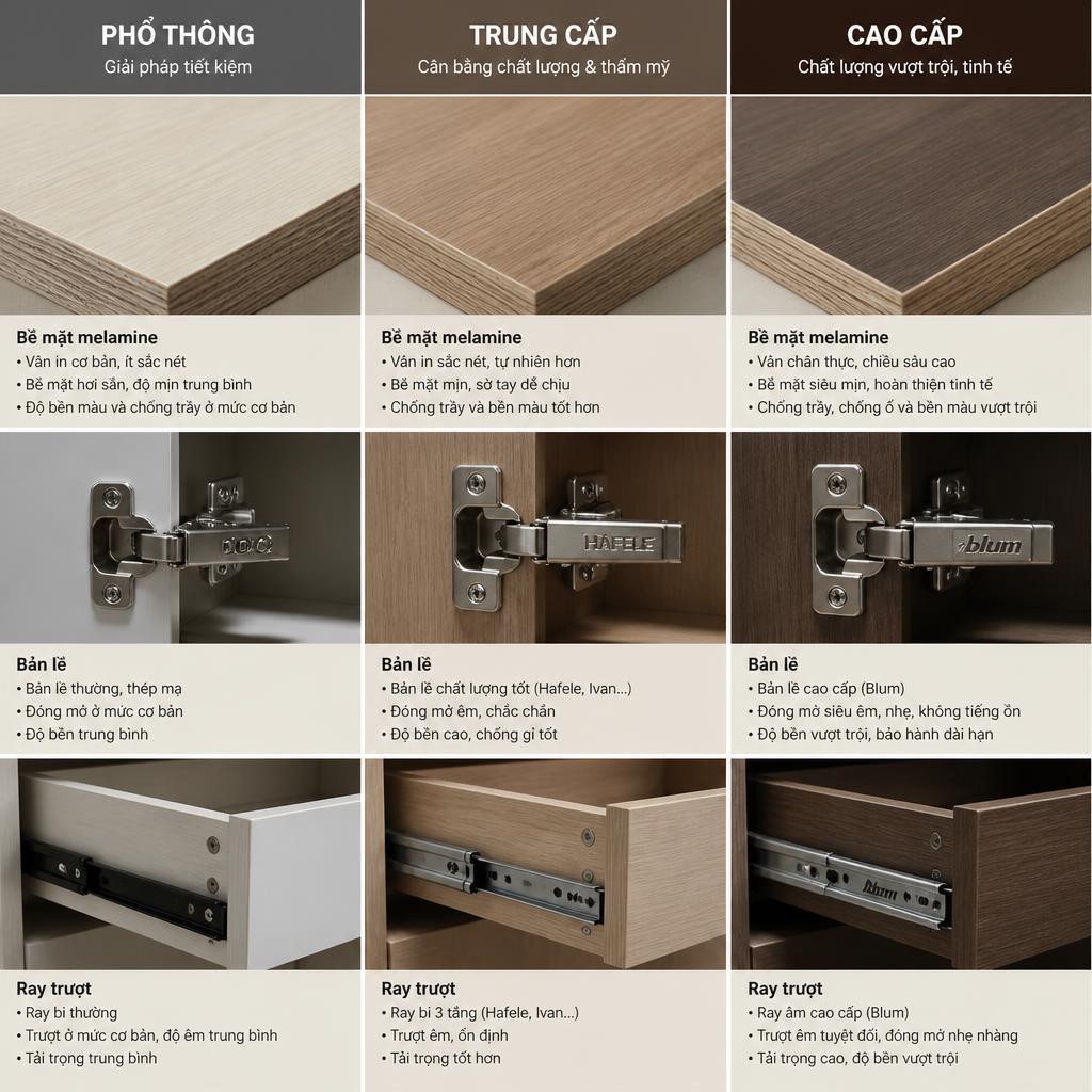 So sánh ba phân khúc nội thất plywood phủ melamine: phổ thông, trung cấp, cao cấp, chụp cận cảnh phụ kiện và bề mặt vật liệu