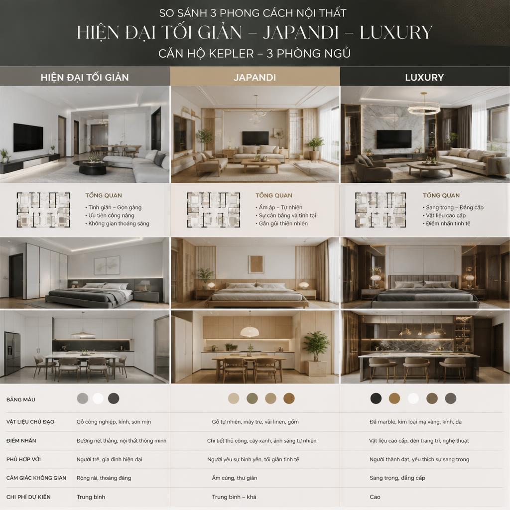 So sánh ba phong cách hiện đại tối giản, Japandi và Luxury trong căn hộ Kepler 3 phòng ngủ