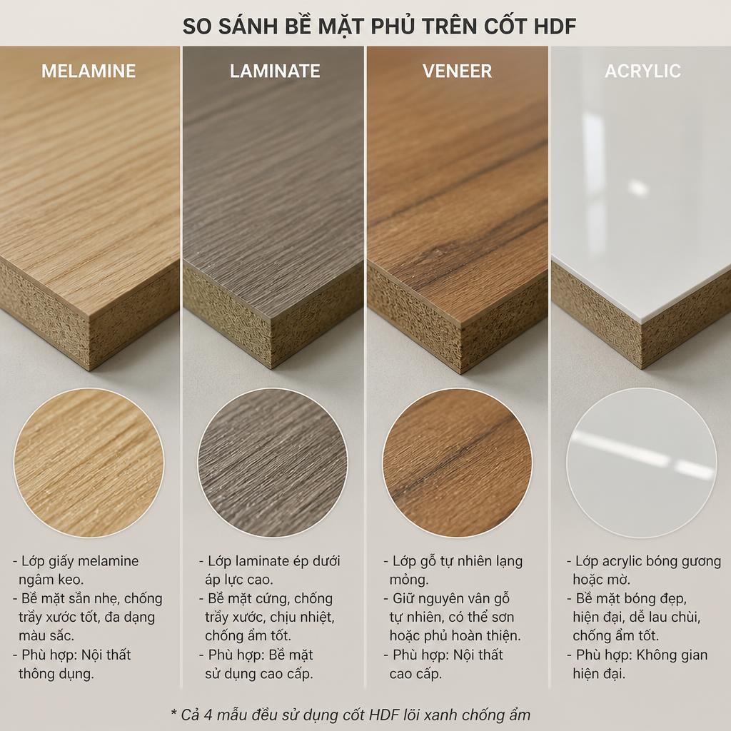 So sánh bề mặt phủ Melamine, Laminate, Veneer và Acrylic trên cùng cốt HDF, chụp cận cảnh kết cấu bề mặt