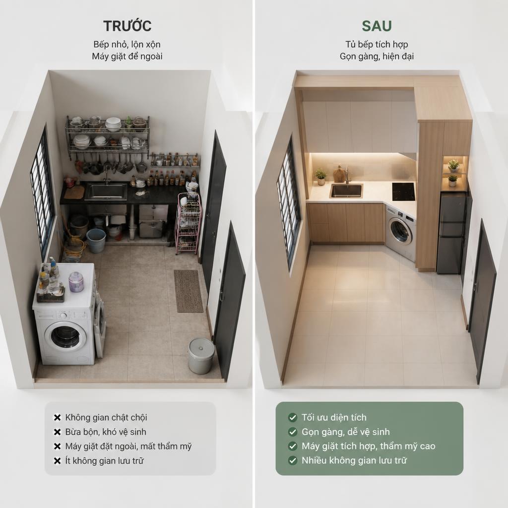 So sánh hai bố cục bếp: bên trái bếp nhỏ lộn xộn máy giặt để ngoài, bên phải cùng diện tích nhưng tủ bếp tích hợp gọn gàng, ánh sáng studio, chụp từ trên cao góc 30 độ