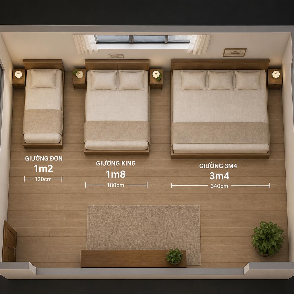 So sánh kích thước trực quan, giường đơn 1m2, giường king 1m8, giường 3m4 đặt cạnh nhau trong cùng một phòng, nhìn từ trên xuống