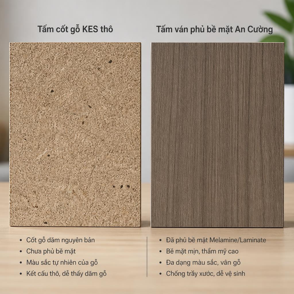 So sánh tấm cốt gỗ KES thô và tấm ván phủ bề mặt An Cường đặt cạnh nhau