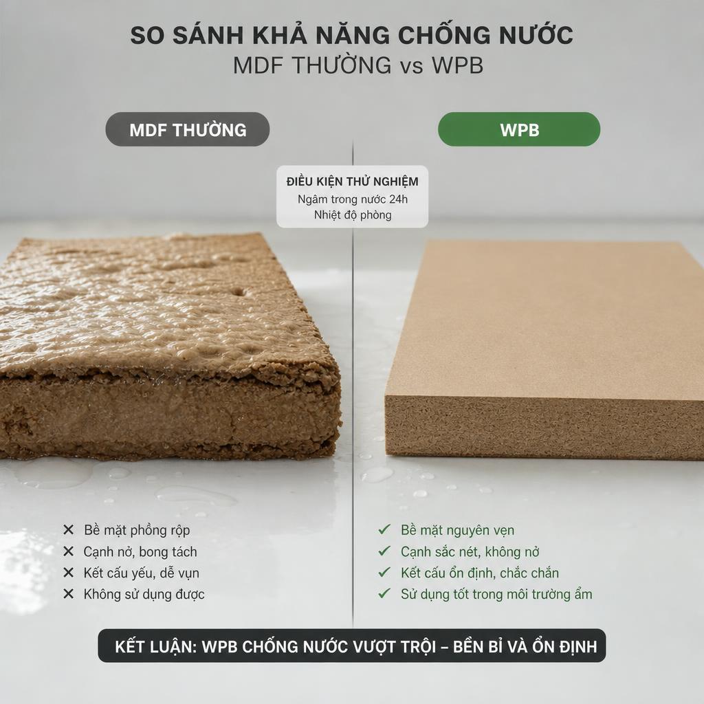 So sánh tấm MDF bị phồng rộp sau khi ngấm nước đặt cạnh tấm WPB nguyên vẹn trong cùng điều kiện thử nghiệm