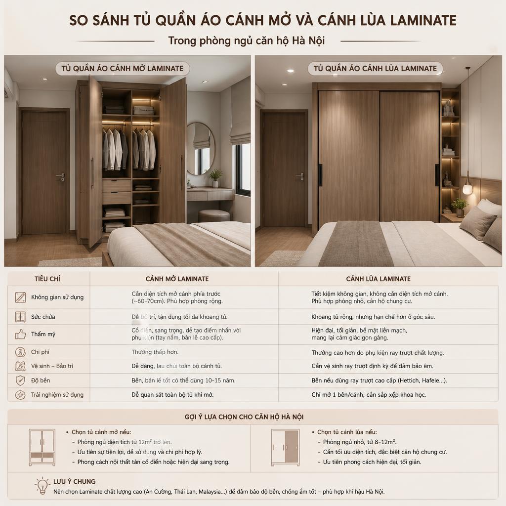 So sánh tủ quần áo cánh mở và cánh lùa Laminate trong phòng ngủ căn hộ Hà Nội