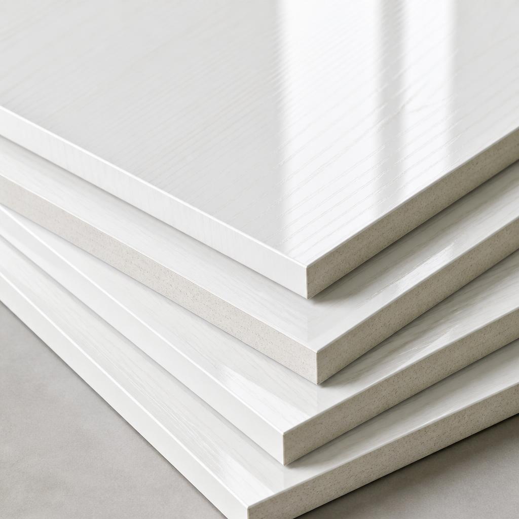 Tấm gỗ WPB màu trắng và vân gỗ xếp chồng nhau, thể hiện bề mặt phủ melamine bóng mịn