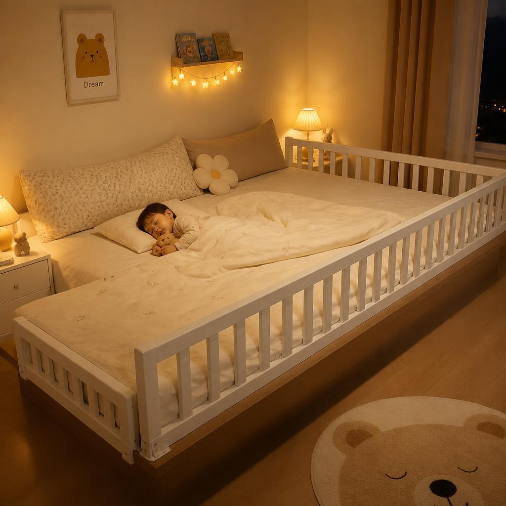 Thanh chắn giường gỗ màu trắng gắn dọc cạnh giường 3m4, trẻ nhỏ nằm ngủ an toàn bên trong, ánh đèn ngủ vàng dịu buổi tối