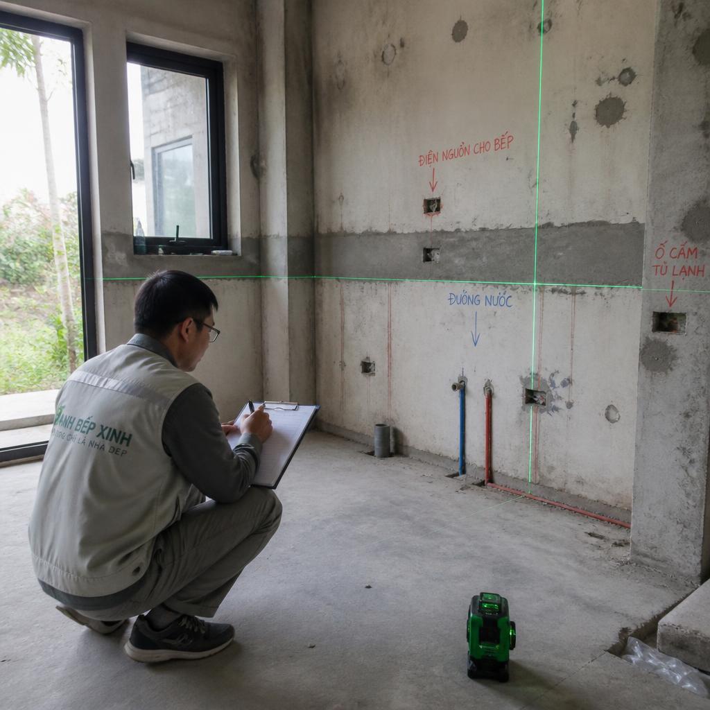 Thợ đo đạc mặt bằng bếp bằng thước laser, ghi chép vị trí đường nước và điện hiện hữu, ánh sáng tự nhiên, phong cách documentary thực tế