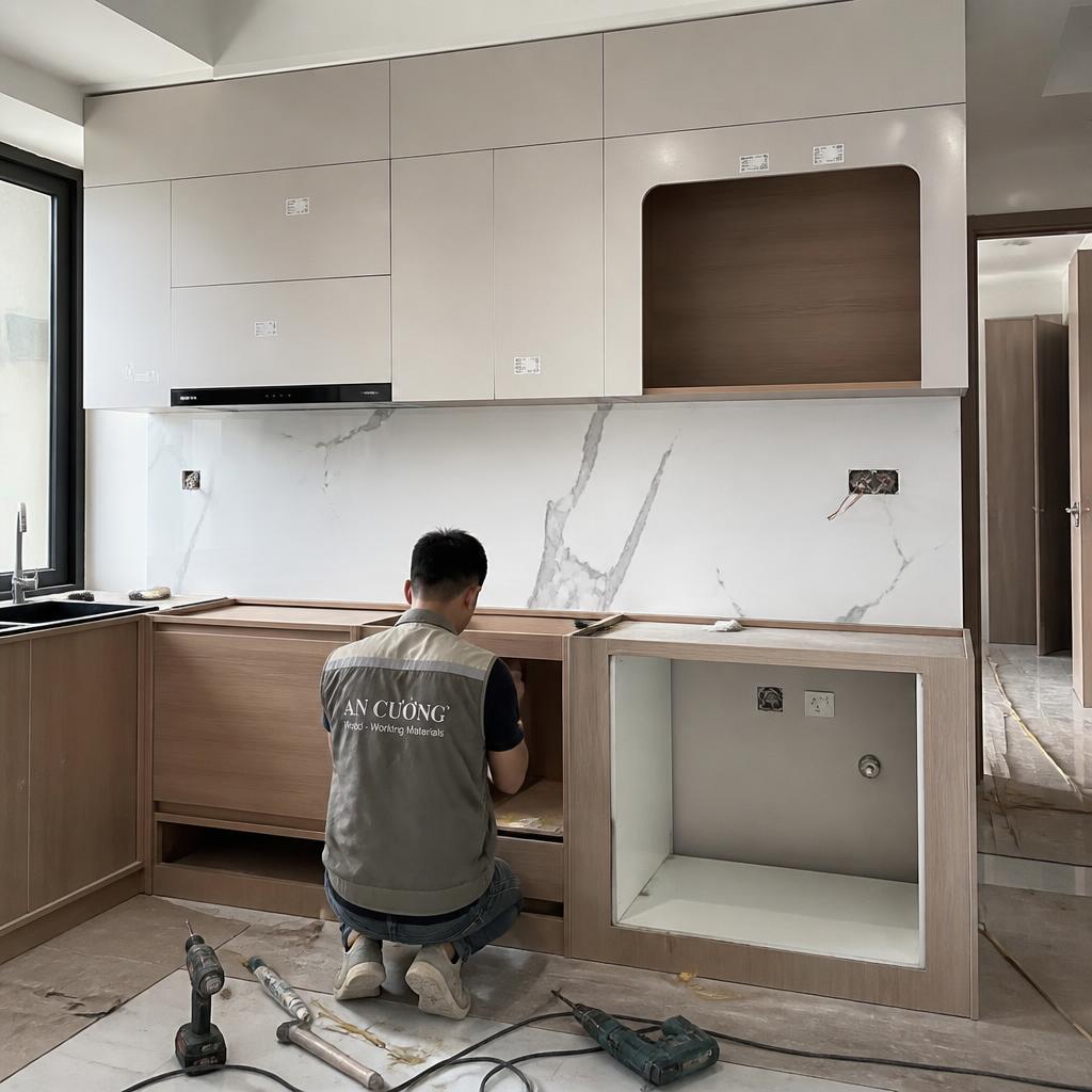 Thợ thi công đang lắp đặt hệ tủ bếp tích hợp hốc máy giặt, công trình đang trong quá trình hoàn thiện, ánh sáng công trường tự nhiên, phong cách documentary