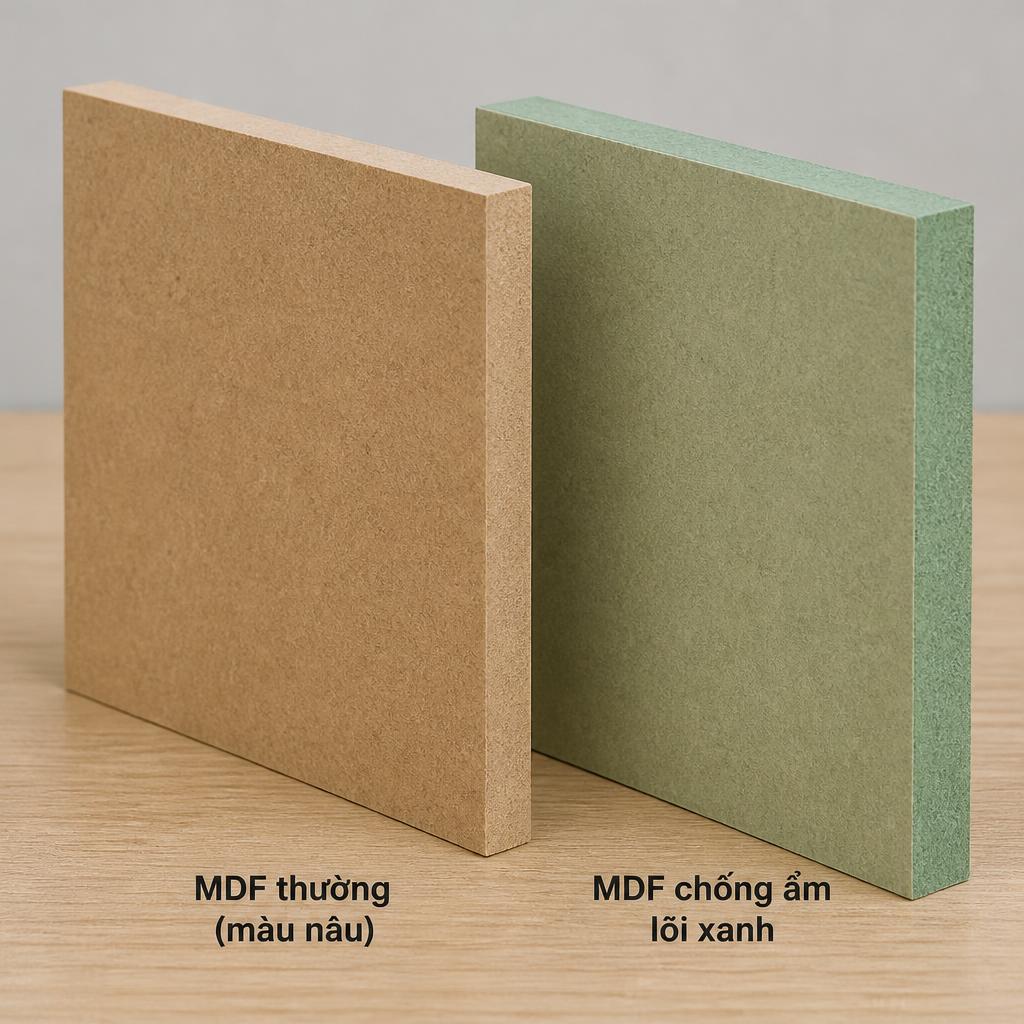 Tờ ván MDF thường màu nâu và MDF chống ẩm lõi xanh đặt cạnh nhau