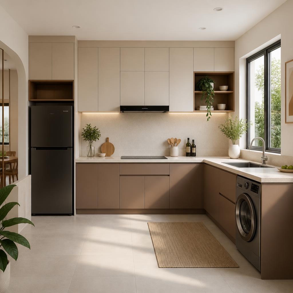 Toàn cảnh bếp gỗ công nghiệp hai tông màu be và nâu đất, hốc máy giặt ở tủ dưới bên phải, mặt đá nhân tạo màu kem, cây xanh trang trí, ánh sáng tự nhiên