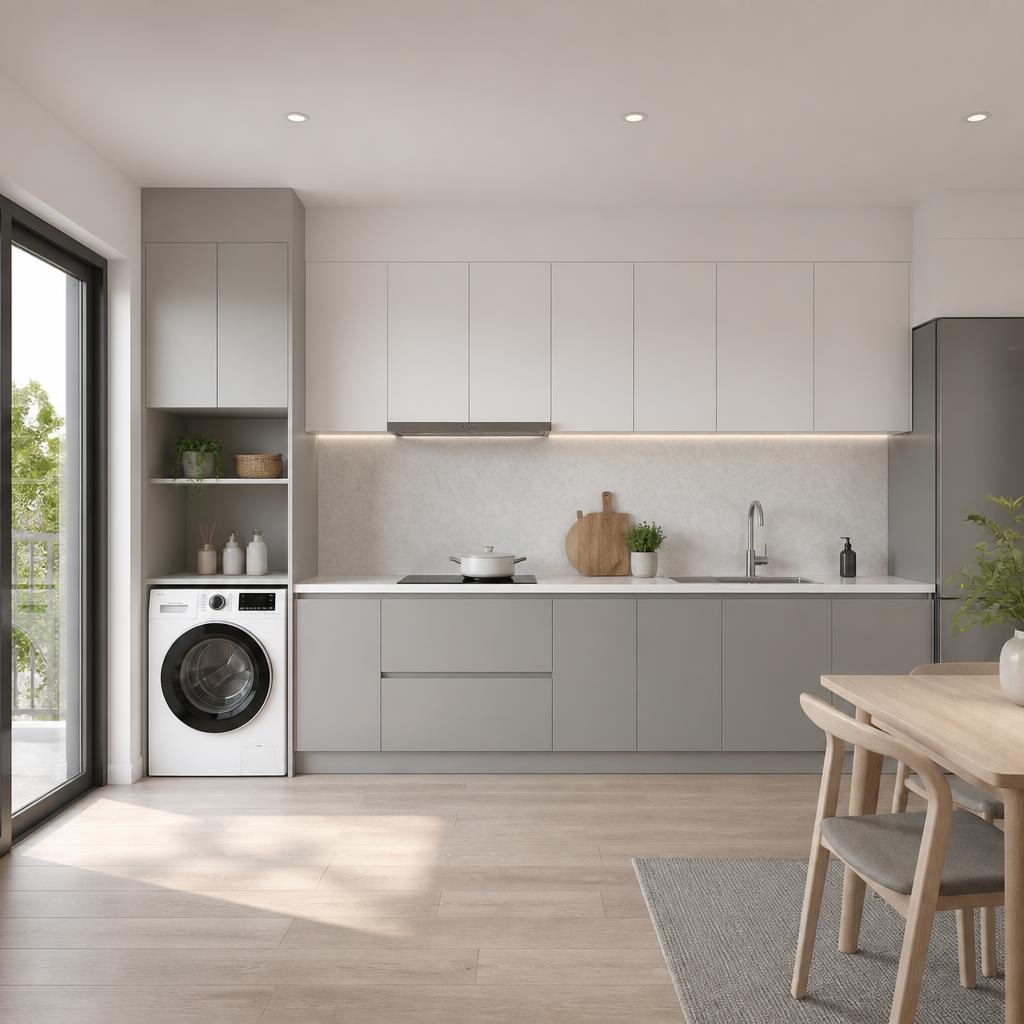 Toàn cảnh bếp minimalist xám trắng, hốc máy giặt tích hợp góc cuối tủ chữ I, bên trên là tủ treo lưu trữ, ánh sáng ban ngày xuyên qua cửa kính, phong cách Scandinavian