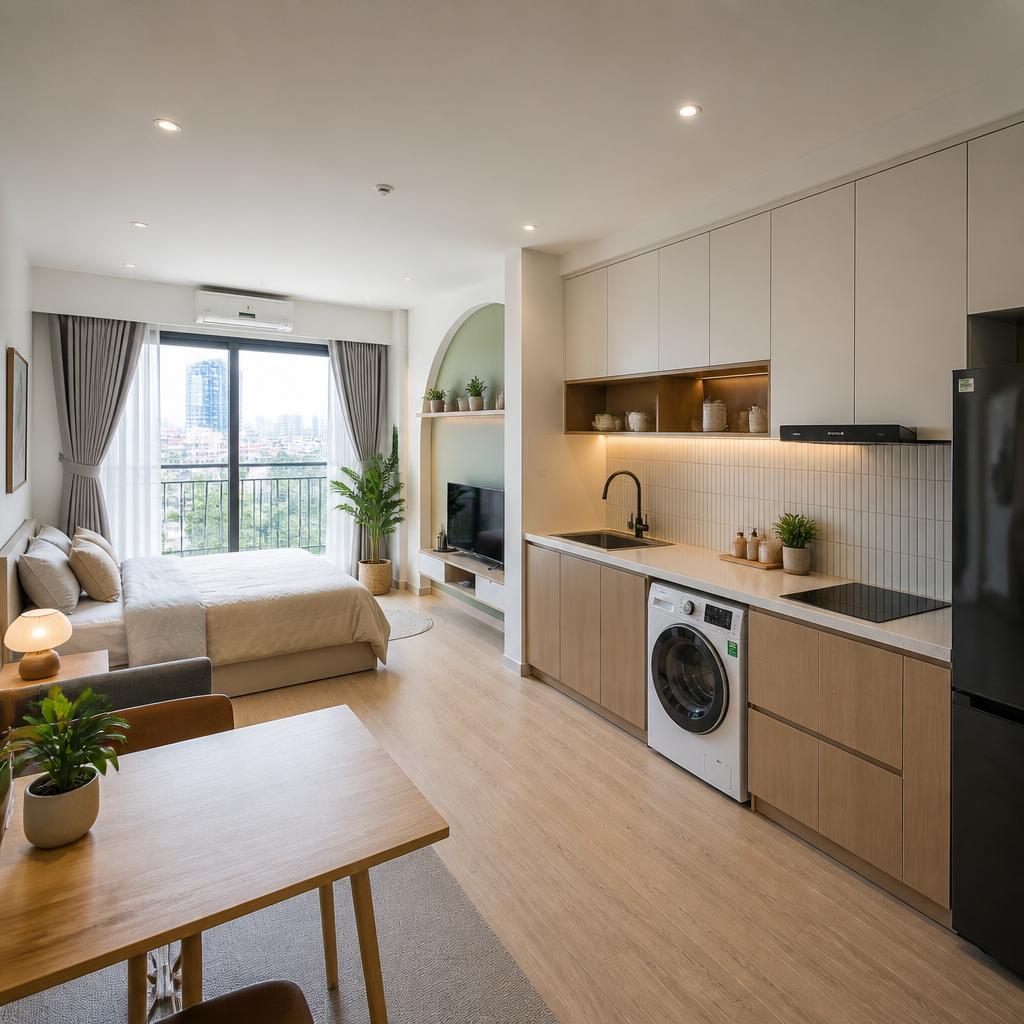 Toàn cảnh căn hộ studio dưới 40m², khu bếp và giặt sấy liền kề thiết kế thông minh, máy giặt và tủ bếp cùng một dãy, ánh sáng tự nhiên từ cửa sổ lớn, chụp góc rộng