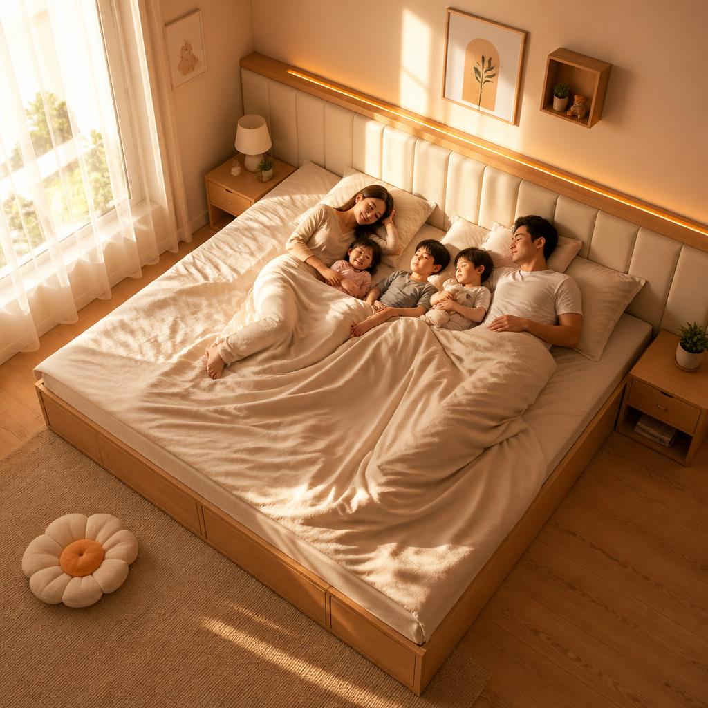 Toàn cảnh chiếc giường 3m4 nhìn từ góc cao, 2 người lớn và 3 trẻ nhỏ nằm thoải mái, ánh sáng phòng ngủ ấm vàng buổi sáng