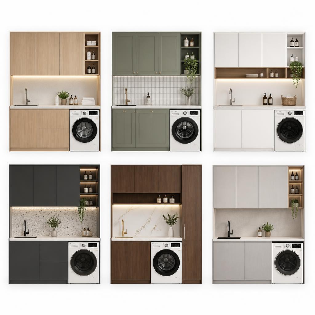 Toàn cảnh gallery 6 mẫu tủ bếp tích hợp máy giặt khác nhau xếp dạng lưới 2x3, phong cách chụp editorial, nền trắng sạch, ánh sáng đồng đều