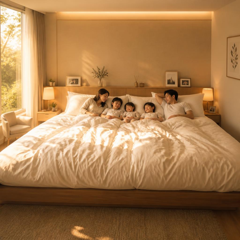 Toàn cảnh phòng ngủ gia đình với chiếc giường siêu rộng 3m4, 2 người lớn và 3 trẻ nhỏ nằm thoải mái, ánh sáng vàng ấm buổi sáng sớm, ga trắng tinh, không khí thư giãn