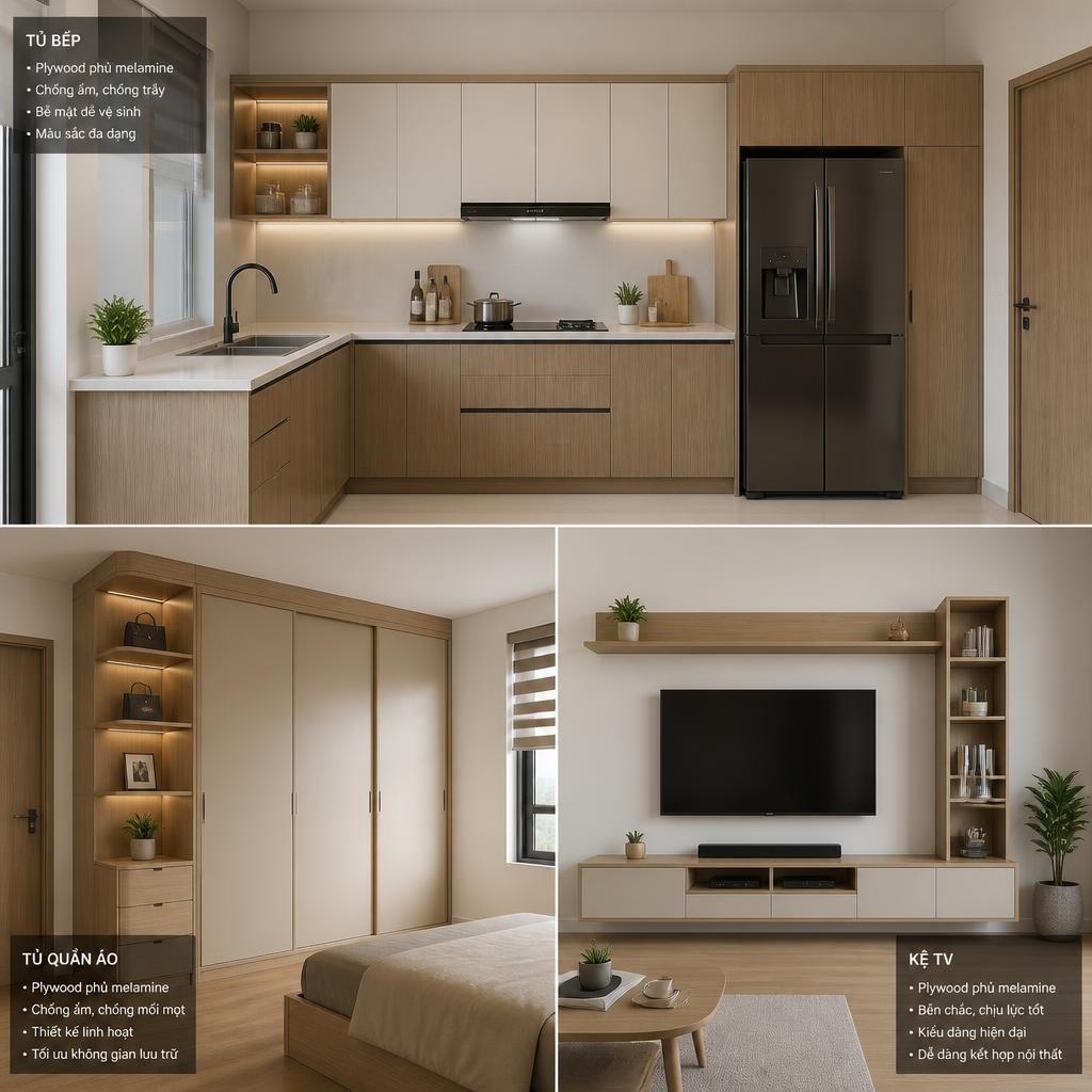 Tổng quan các sản phẩm nội thất gỗ plywood phủ melamine: tủ bếp, tủ quần áo, kệ TV trong không gian thực tế