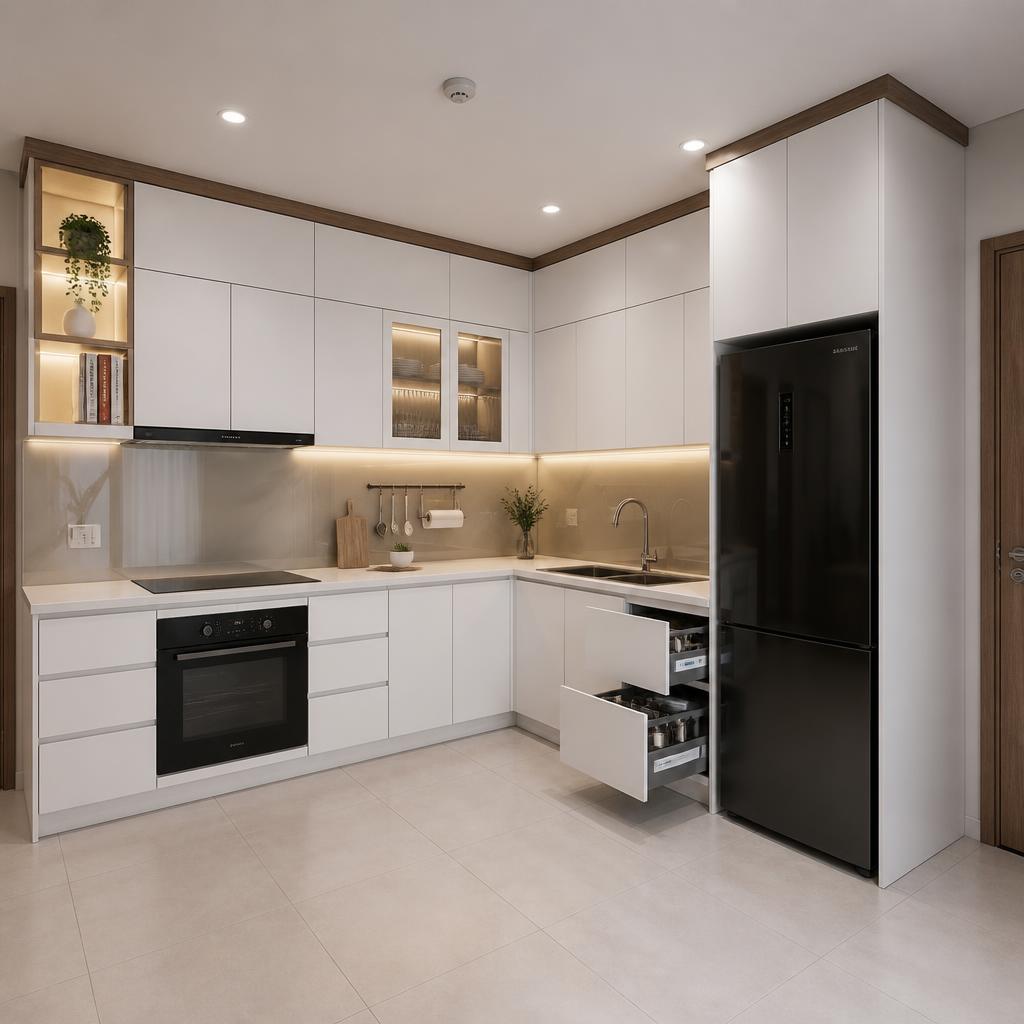 Tủ bếp chữ L hoàn thiện với cánh Laminate màu trắng, phụ kiện Blum, nhà bếp căn hộ hiện đại