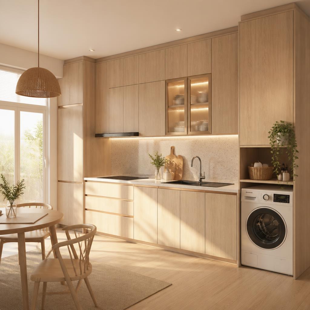 Tủ bếp gỗ công nghiệp phủ melamine vân gỗ sồi nhạt, hốc máy giặt tích hợp góc cuối, cạnh ABS 2mm màu đồng tone, ánh sáng vàng ấm buổi chiều, phong cách Bắc Âu
