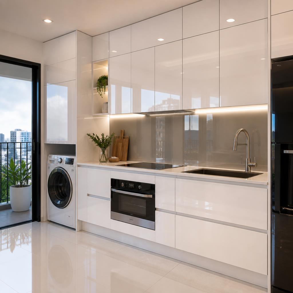 Tủ bếp gỗ MDF phủ acrylic bóng gương màu trắng, hốc máy giặt tích hợp, bề mặt phản chiếu không gian, ánh đèn LED trắng, căn hộ chung cư hiện đại TP.HCM