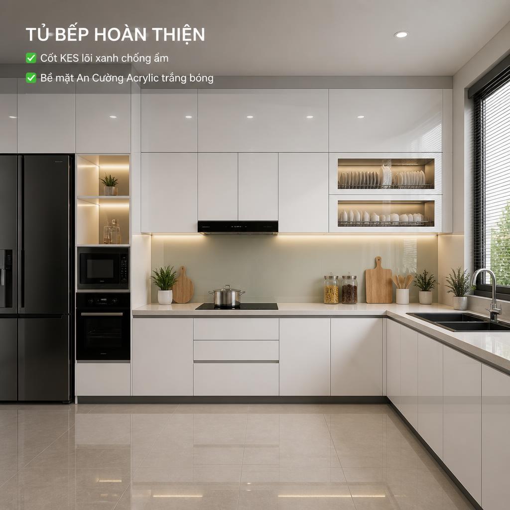 Tủ bếp hoàn thiện dùng cốt KES lõi xanh kết hợp bề mặt An Cường Acrylic trắng bóng