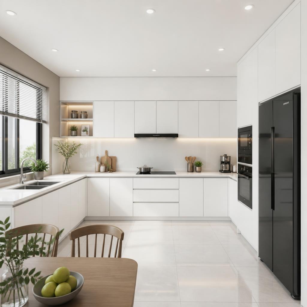 Tủ bếp hoàn thiện sử dụng tấm WPB phủ melamine màu trắng, không gian bếp hiện đại thoáng sáng