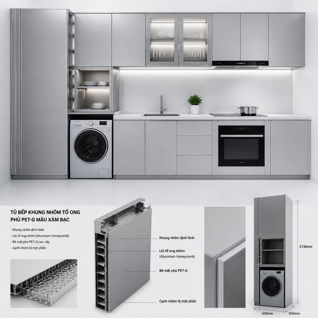 Tủ bếp khung nhôm tổ ong phủ PET-G màu xám bạc, cấu trúc khung nhôm lộ một phần ở cạnh, hốc máy giặt tích hợp, ánh sáng studio trắng lạnh, phong cách kỹ thuật hiện đại