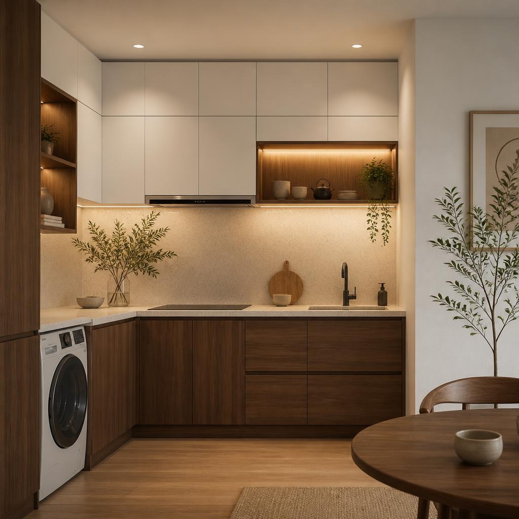 Tủ bếp minimalist hai tông màu trắng và gỗ walnut, hốc máy giặt ở tủ dưới góc trái, cây xanh nhỏ trang trí trên mặt đá, ánh sáng vàng ấm, phong cách Japandi