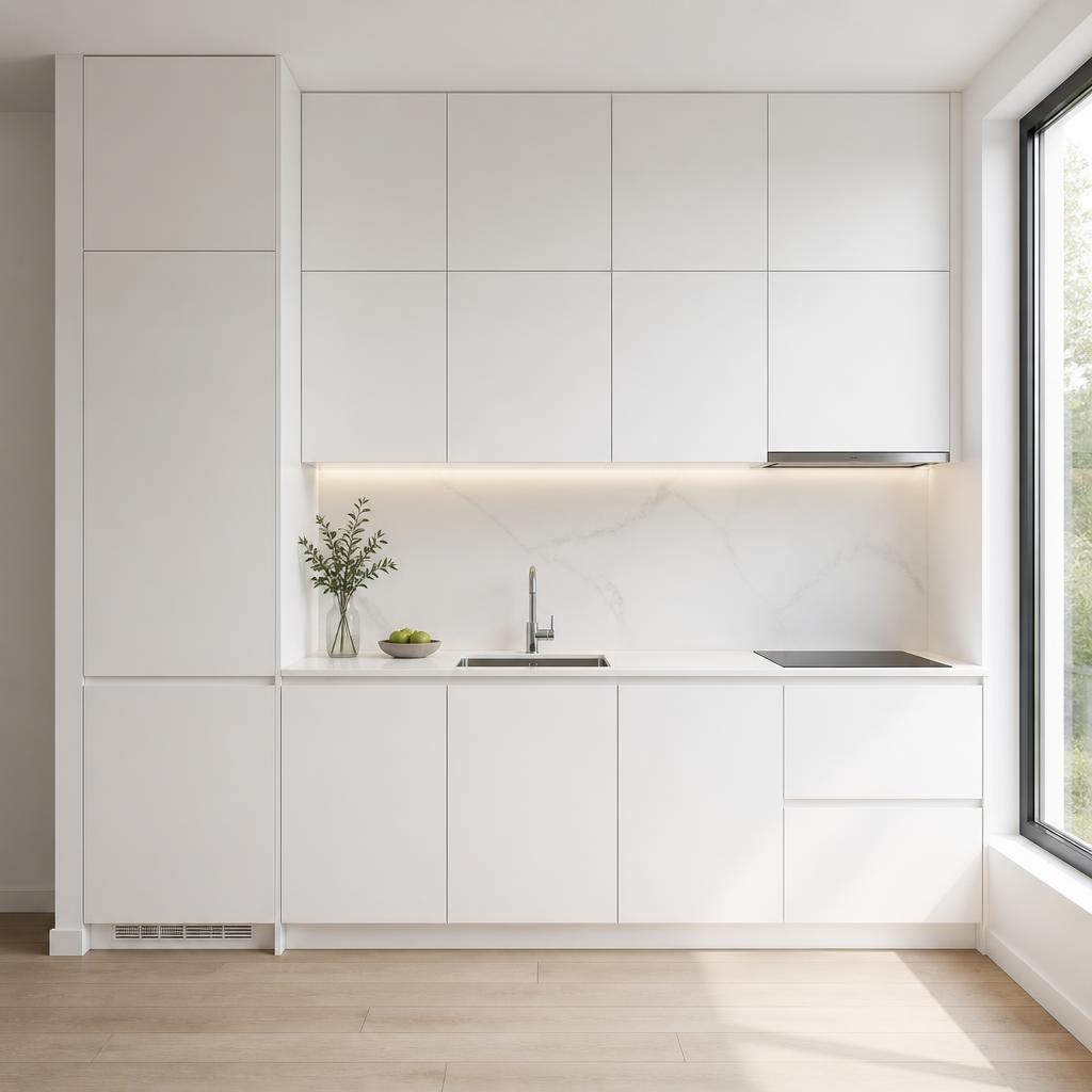 Tủ bếp minimalist trắng tinh, cánh phẳng không tay nắm, mặt đá thạch anh trắng vân mây, hốc máy giặt ẩn sau cánh tủ đóng kín, ánh sáng tự nhiên từ cửa sổ bên phải, chụp góc thẳng đứng