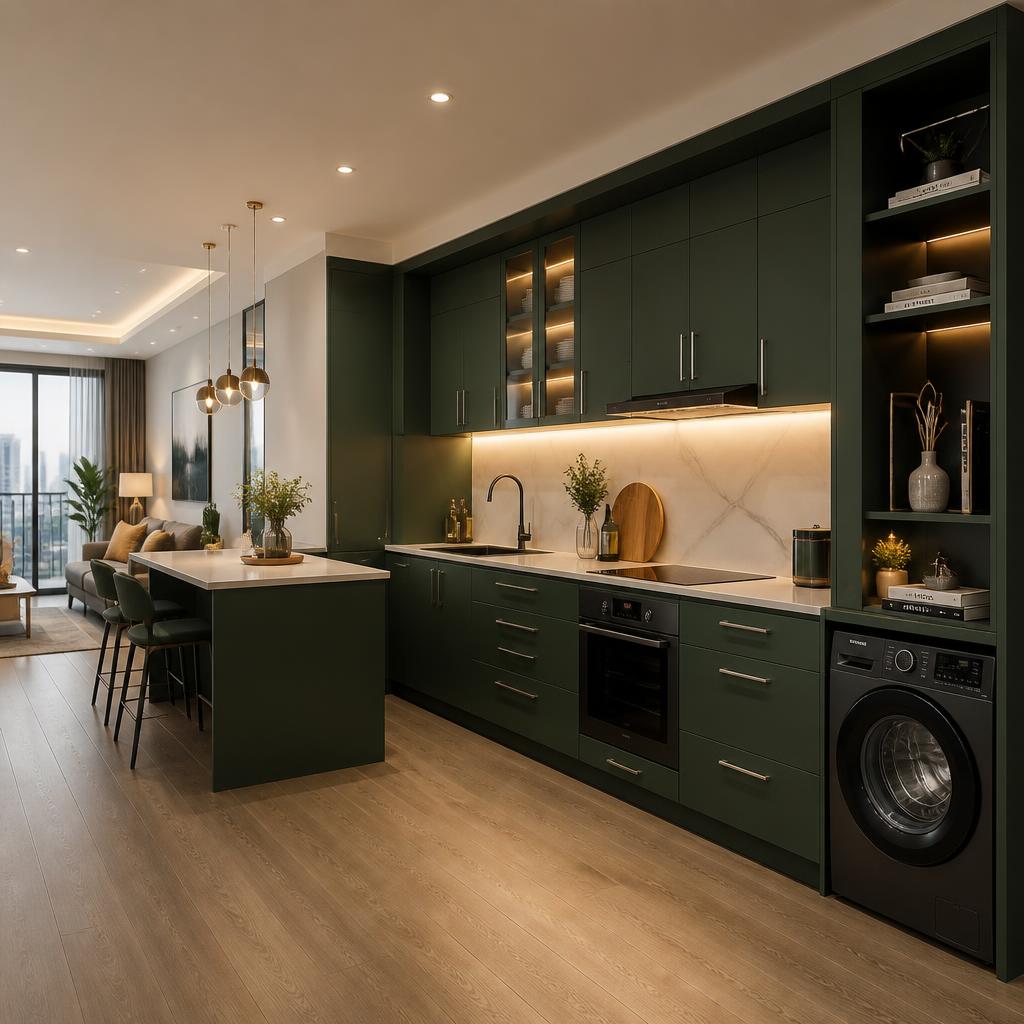 Tủ bếp nhôm tổ ong phủ CPL màu xanh rừng sâu, hốc máy giặt tích hợp, tay nắm inox mờ, ánh sáng vàng ấm, không gian bếp mở căn hộ cao cấp