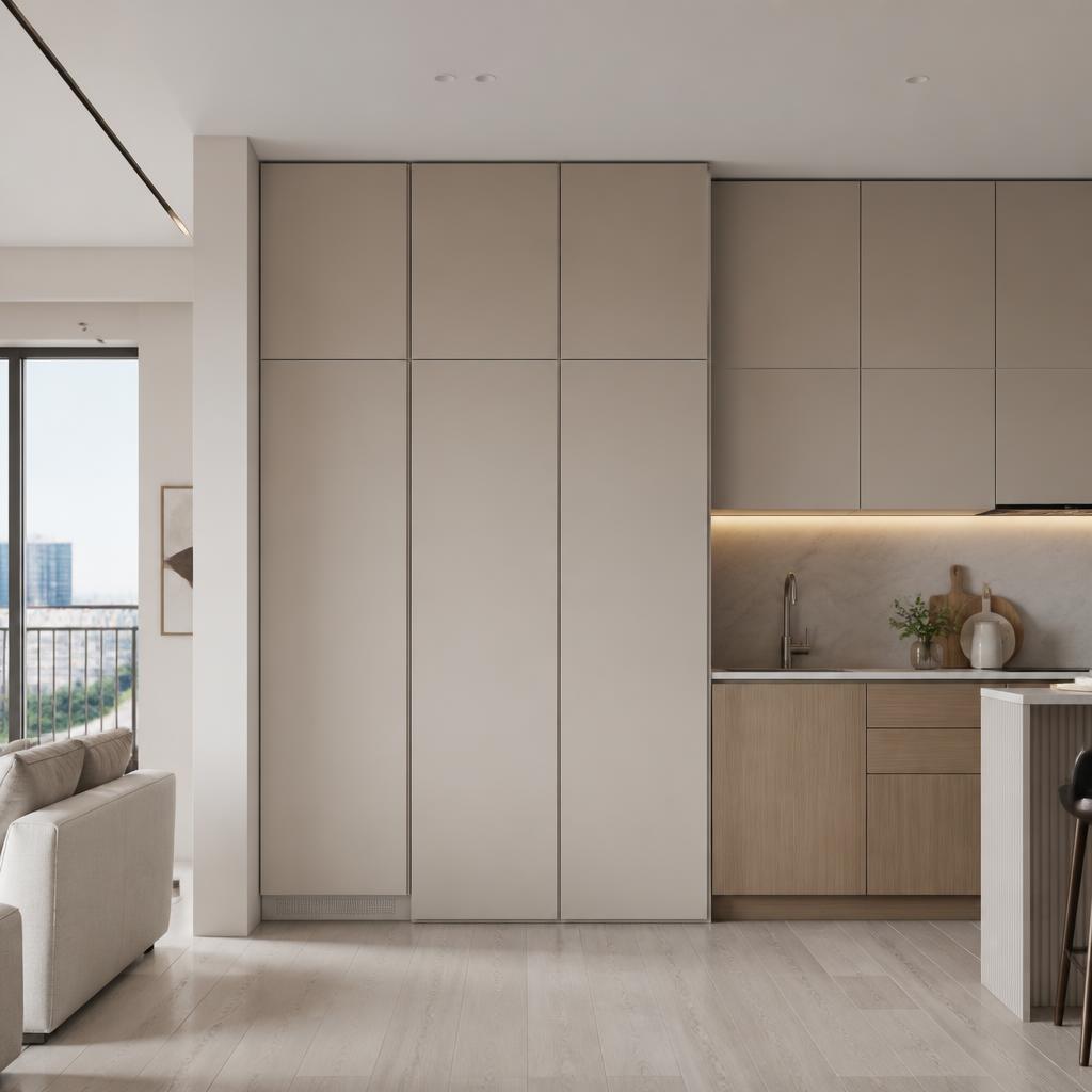 Tủ tháp chồng tower laundry tích hợp vào dãy tủ cao bếp, cánh tủ đóng đồng bộ, nhìn từ bên ngoài không phân biệt được, căn hộ 50m², ánh sáng ban ngày