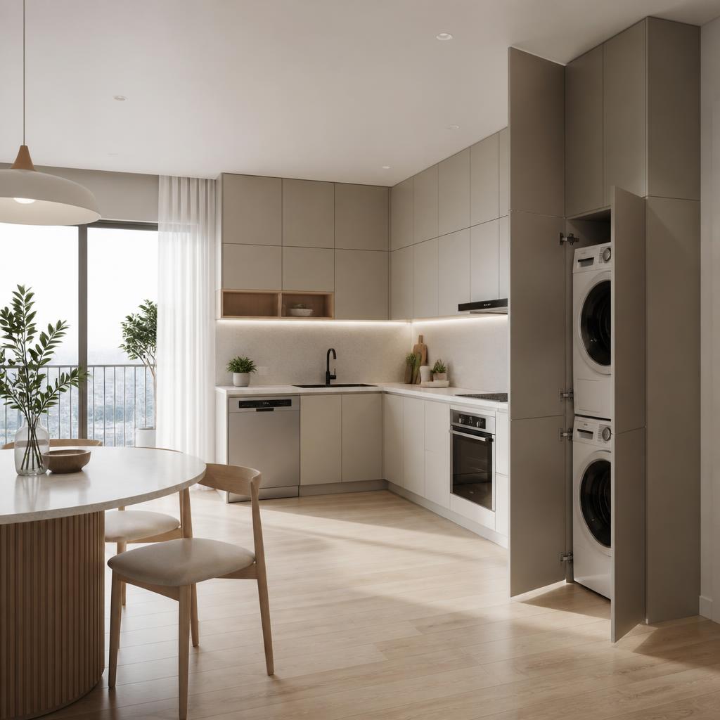 Tủ tower laundry tích hợp vào tủ bếp chữ L, cánh tủ đóng kín đồng bộ với hệ tủ bếp, không gian rộng thoáng, ánh sáng tự nhiên, căn hộ 55m² hiện đại