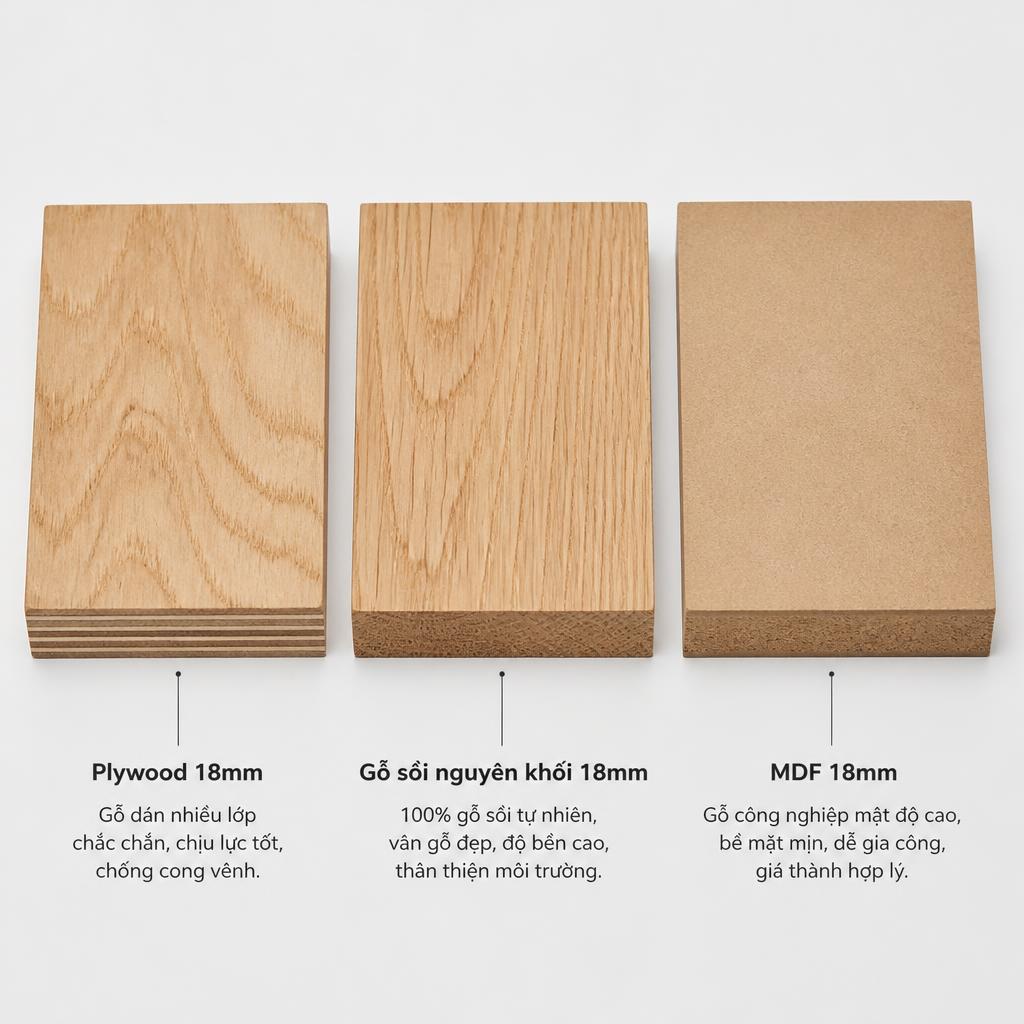 Ba mẫu vật liệu đặt cạnh nhau dạng khối 18mm, plywood, gỗ sồi nguyên khối, MDF, ánh sáng studio đều, góc chụp top-down, thể hiện rõ cấu trúc bề mặt và mặt cắt ngang từng loại, chú thích tiếng Việt