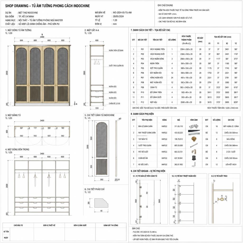 Bản vẽ shop drawing kỹ thuật CNC chi tiết cho tủ âm tường phong cách Indochine, thể hiện tọa độ cắt và vị trí phụ kiện