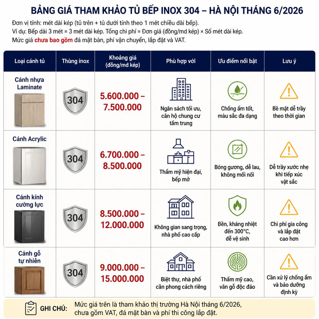 Bảng giá tủ bếp inox 304 tham khảo thị trường Hà Nội tháng 6/2026