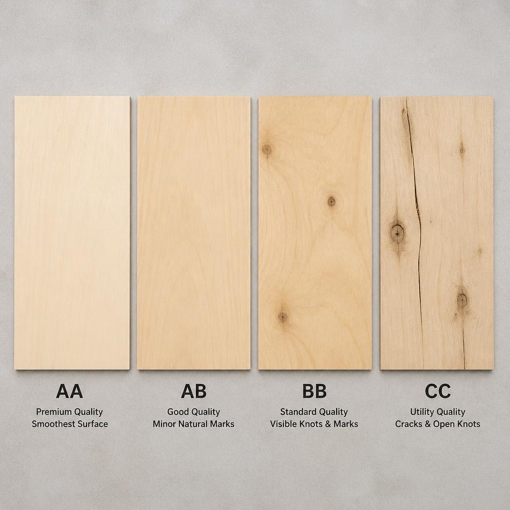 Bảng mẫu 4 cấp độ plywood (AA, AB, BB, CC) đặt cạnh nhau theo hàng ngang, ánh sáng studio đều từ trên, góc chụp top-down 90°, thể hiện rõ sự khác biệt chất lượng bề mặt từ mịn hoàn hảo đến có vết nứt và mắt gỗ
