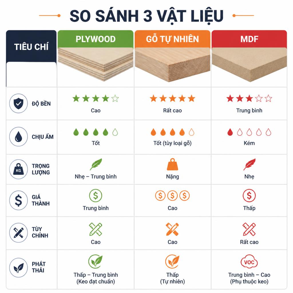 Bảng so sánh 3 vật liệu dạng infographic, plywood/gỗ tự nhiên/MDF theo 6 tiêu chí (độ bền, chịu ẩm, trọng lượng, giá thành, tùy chỉnh, phát thải), màu xanh-cam-đỏ, nền trắng sạch, font chữ rõ ràng