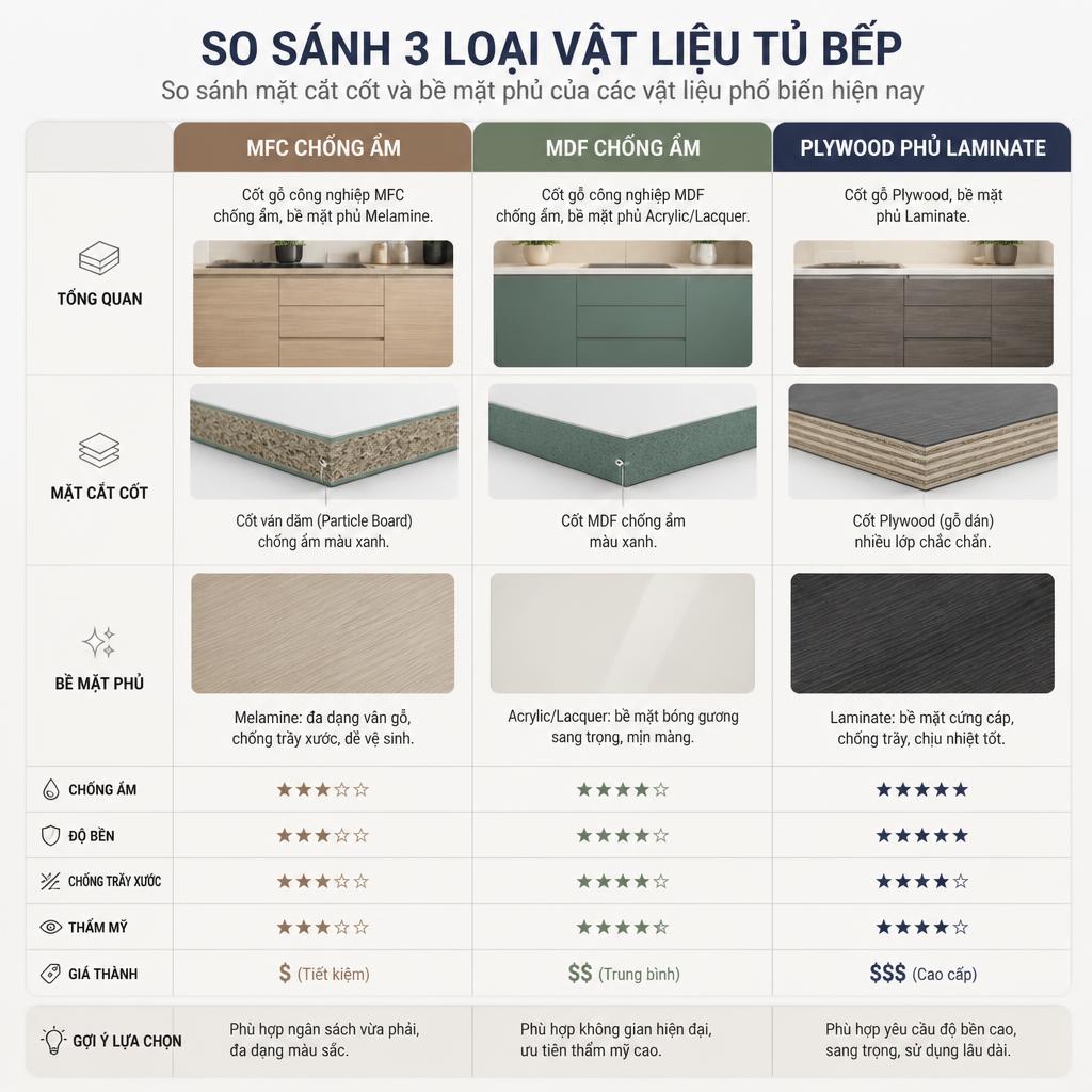 Bảng so sánh trực quan ba loại vật liệu tủ bếp, thể hiện mặt cắt cốt và bề mặt phủ
